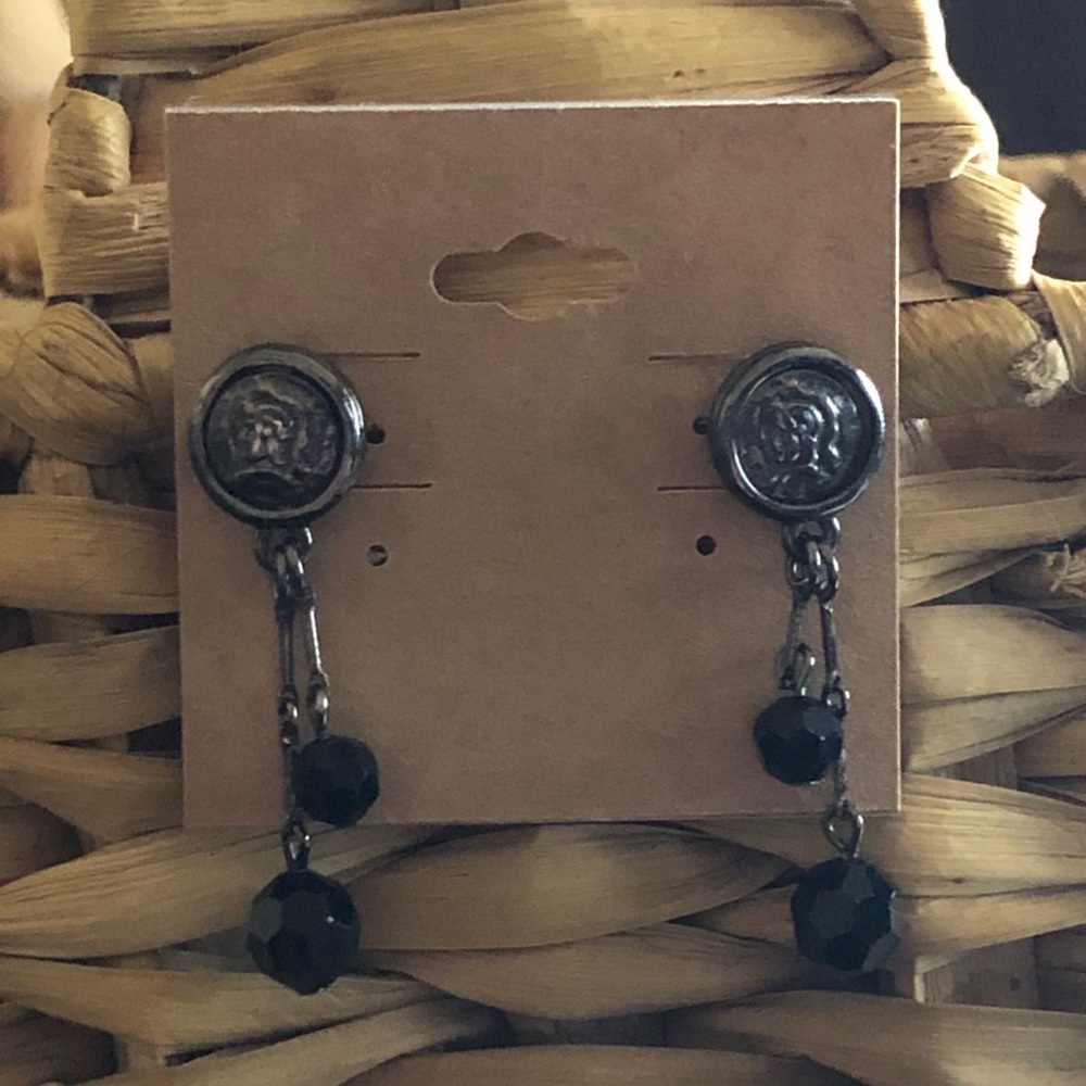 Vintage faux medieval coin black crystal earrings